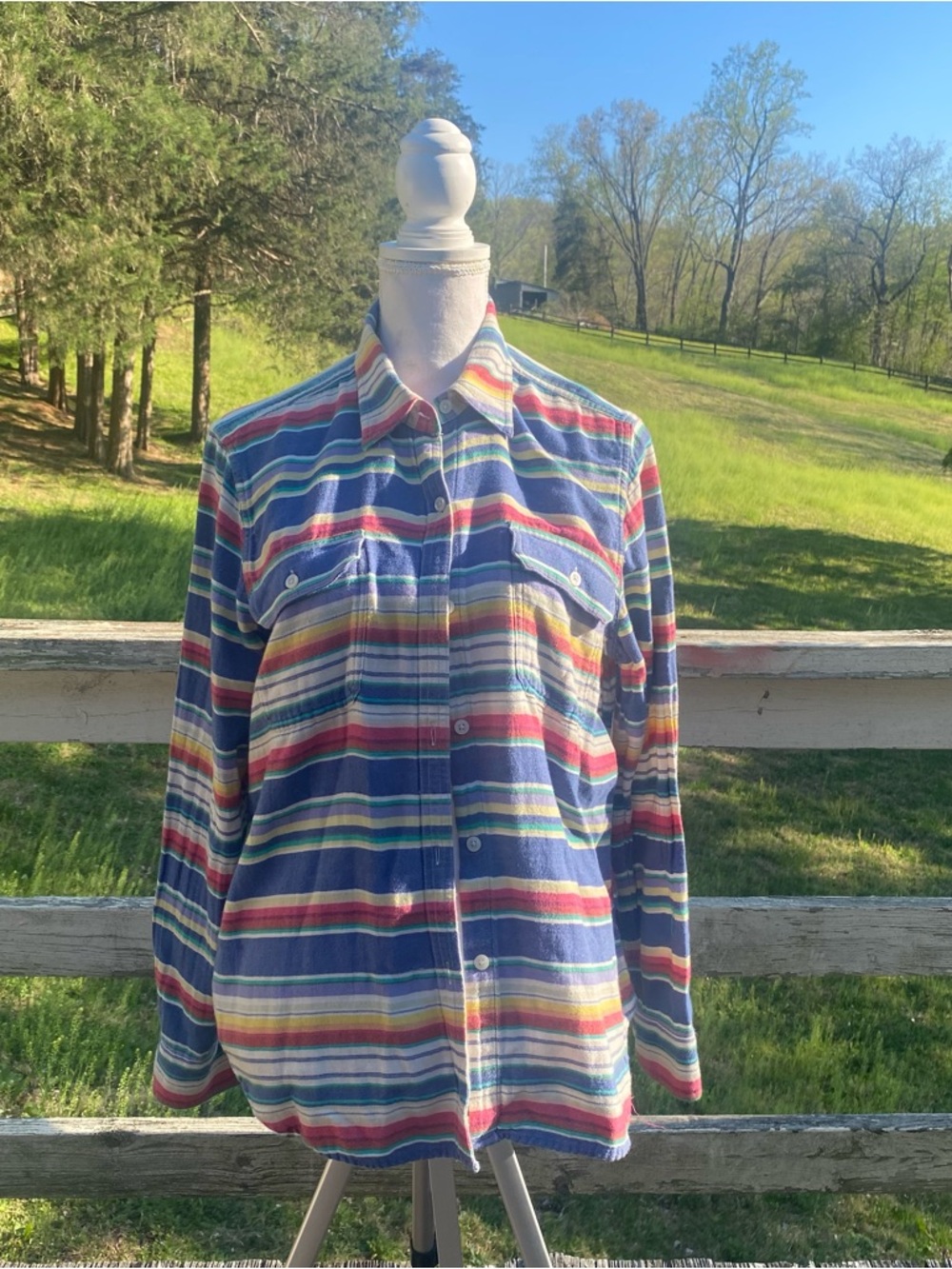 Chaps Multicolor Striped Button-Down Shirt - Blue, Red, Yellow